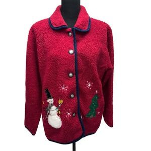 Vintage Button Up Cardigan‎ Sweater Red Christmas SNOWMEN Women's Size Small